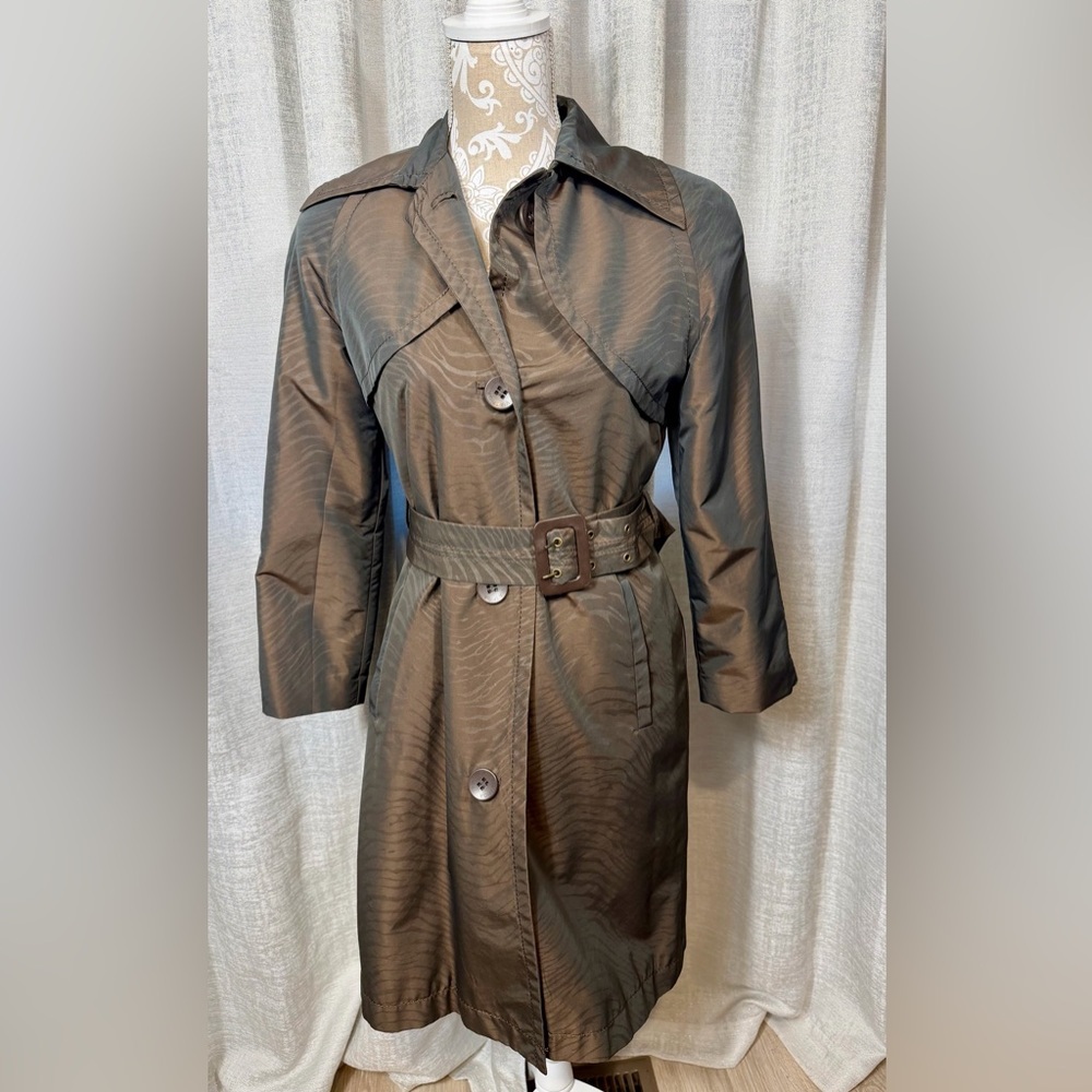 Via Spiga Brown Zebra Jacquard Trench Coat XS Belted Lightweight - Picture 2 of 13
